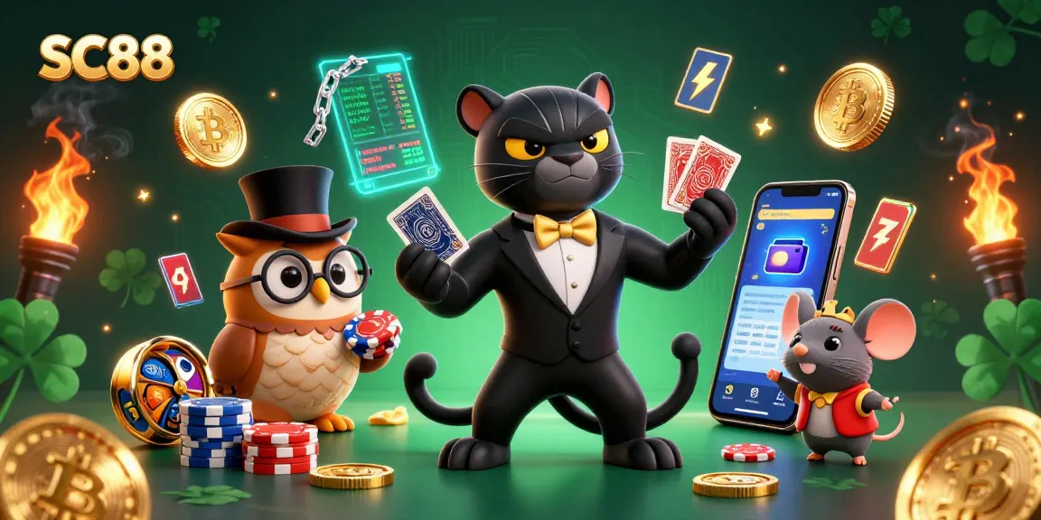 Engaging SC88 casino scene with a stylish panther, owl, and lucky mouse, vibrant gaming elements.