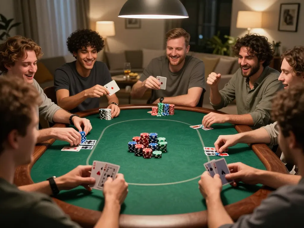 Engaging home poker game showcasing friends playing, chips and cards visible with a tle-online touch to the experience.