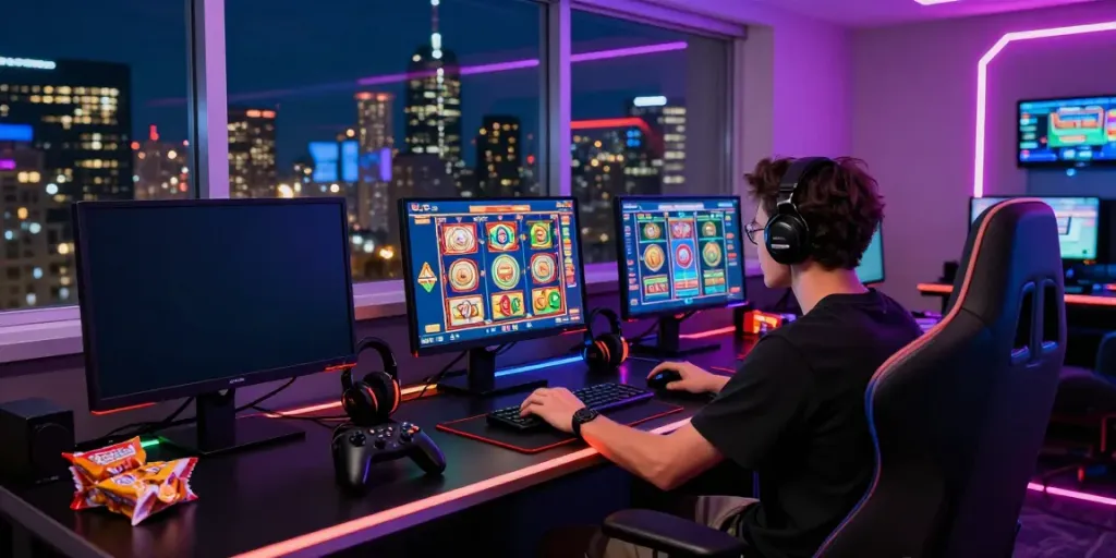 Person immersively playing Lucky777 online slots at a gaming desk with vibrant LED lighting.