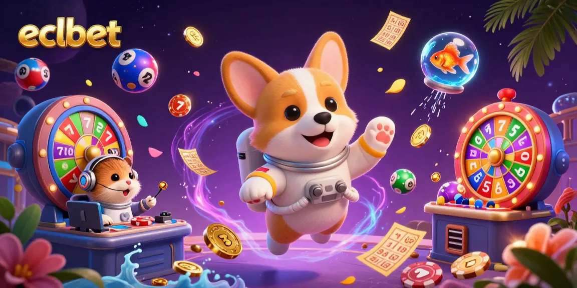 Experience the excitement of eclbet in a vibrant 3D casino illustration with an astronaut corgi and dynamic gaming elements.