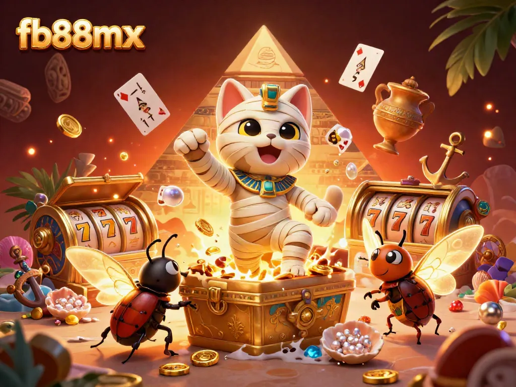 Experience the thrilling action at fb88mx with an Egyptian mummy cat emerging from a golden sarcophagus in a vibrant casino.
