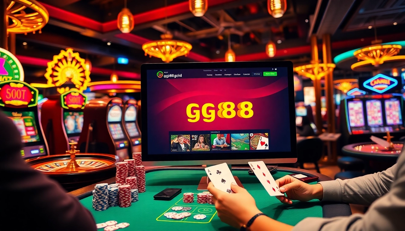 Engaging online gambling scene featuring http://gg88.gold/ with players at poker tables and vibrant slot machines.
