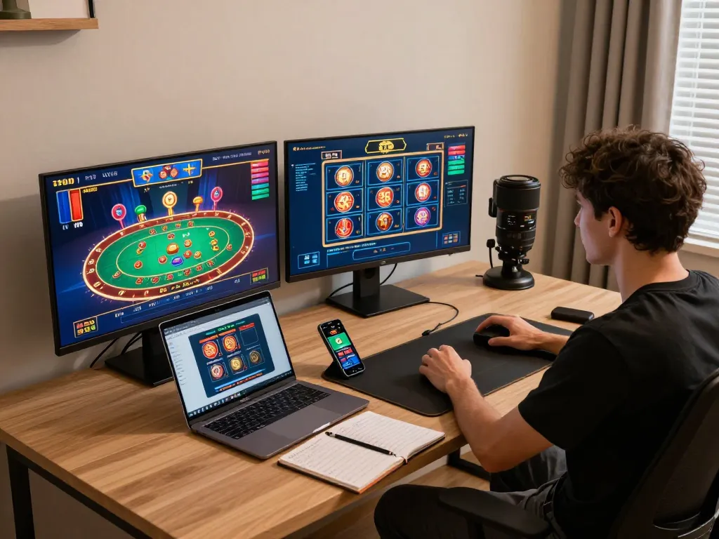 Player engaged in thrilling online gaming session at https://goal123.ac/ with multiple screens showing casino games and strategy notes.