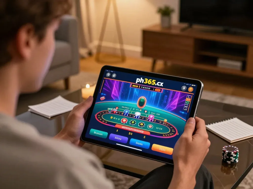 Engaging live baccarat session on ph365.cx, featuring a player excitedly placing bets on a tablet in a warm home setting.