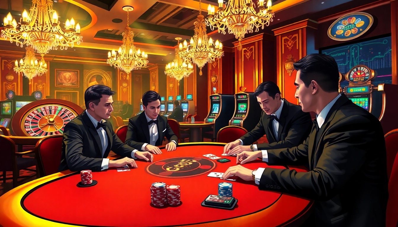 Players at a poker table enjoying the thrilling atmosphere at https://ok8386n.com/ casino with vibrant lighting and excitement.