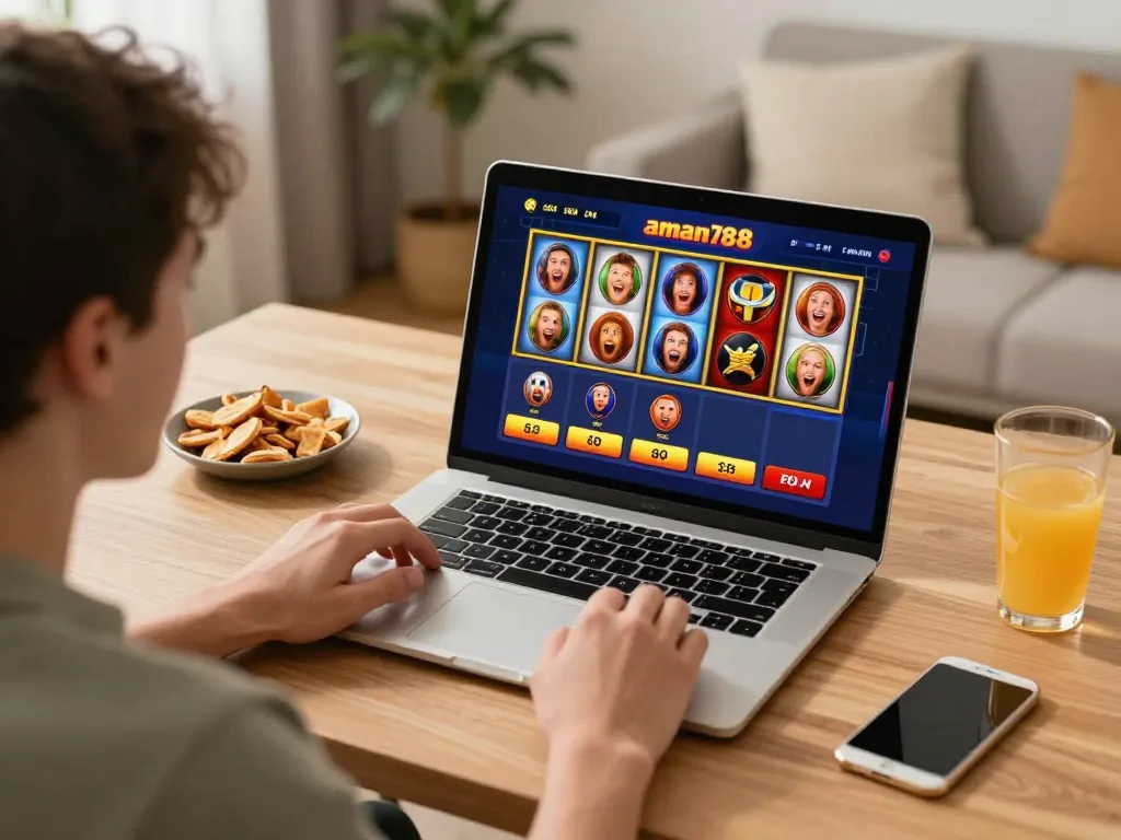 Pemain yang terlibat menikmati permainan slot online aman788 di rumah, menampilkan gulungan yang cerah dan antarmuka permainan.