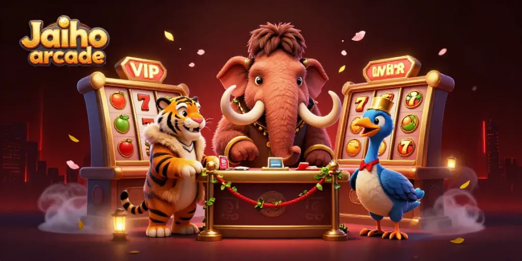 Experience Jaiho arcade with a vibrant 3D illustration of playful casino characters and slot elements.