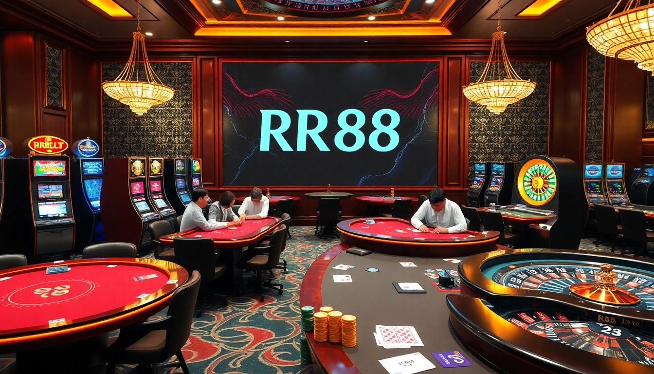 Engaged players enjoying games at RR88 casino with vibrant slot machines and poker tables.