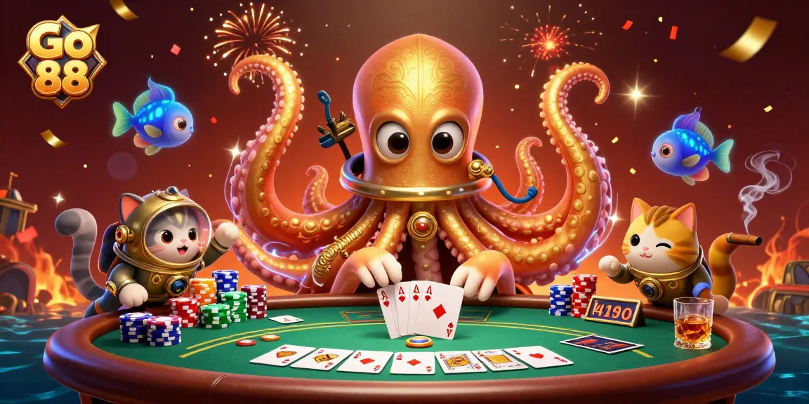 Engage with Go 88 as a colossal kraken conquers the poker table during an epic casino adventure.