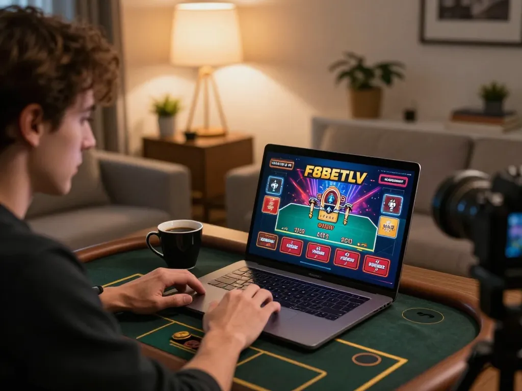 Player enjoying F8BETLV live dealer game on a laptop in a cozy home setting.