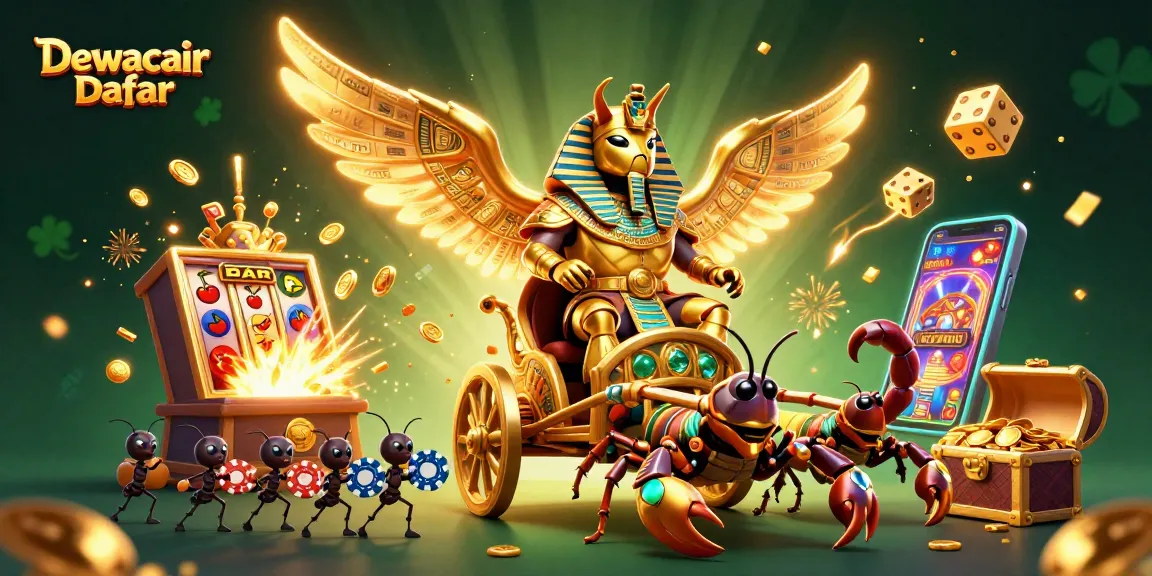 Dewacair Daftar offers a vibrant casino experience with a golden beetle-themed illustration featuring slot machines and poker chips.