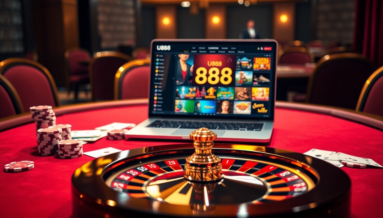 Experience the excitement of U888 online betting with a luxurious casino scene featuring a poker table and vibrant games.