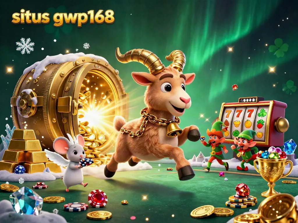 Ilustrasi 3D situs gwp168 dengan Krampus, mouse malaikat, dan gremlin pencuri chip di kasino dengan latar belakang penuh harta.