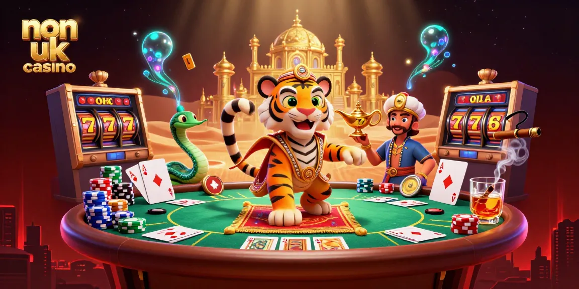 Experience the vibrant world of a non uk casino with a sultan, genie, and slot elements in play.