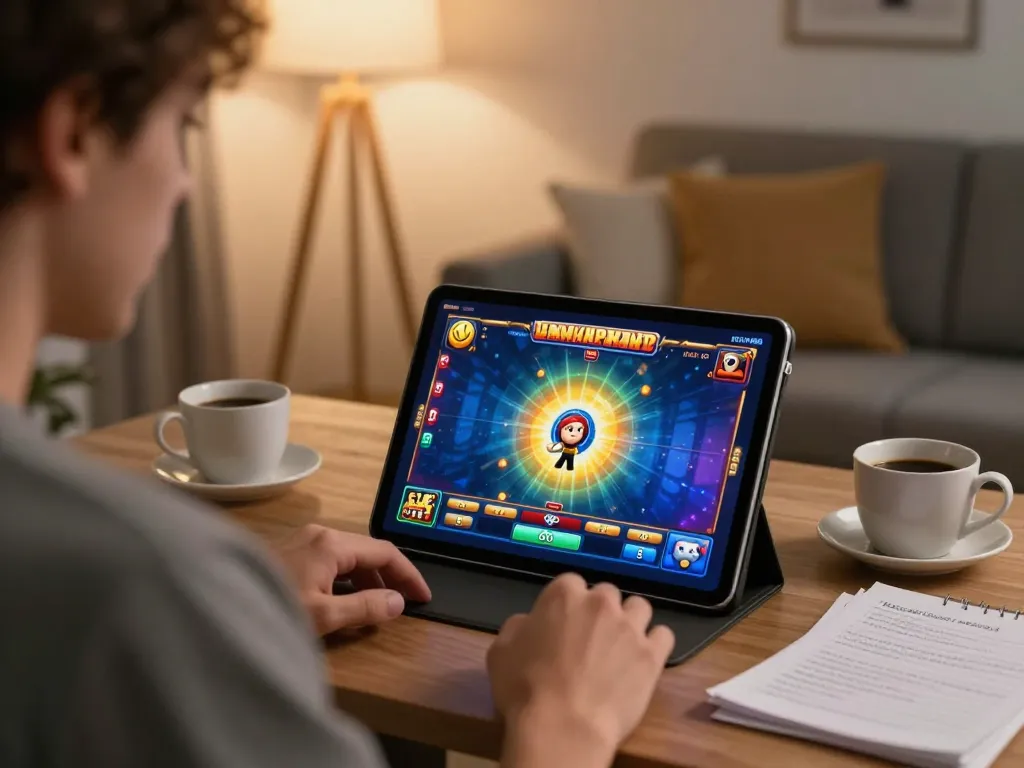 Player enjoying AZTEC888 slot games on tablet in a cozy home setting, showcasing immersive online gaming experience