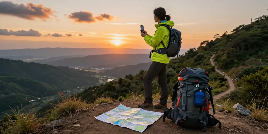 Hiker dengan smartphone mencari informasi tentang bukumimpi138 link di puncak gunung saat senja.