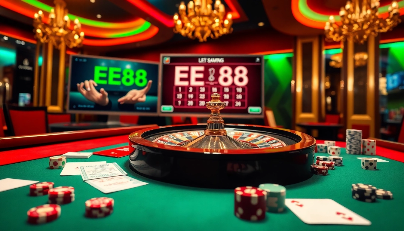Experience the excitement of winning at EE88 casino with vibrant poker chips and roulette wheel.