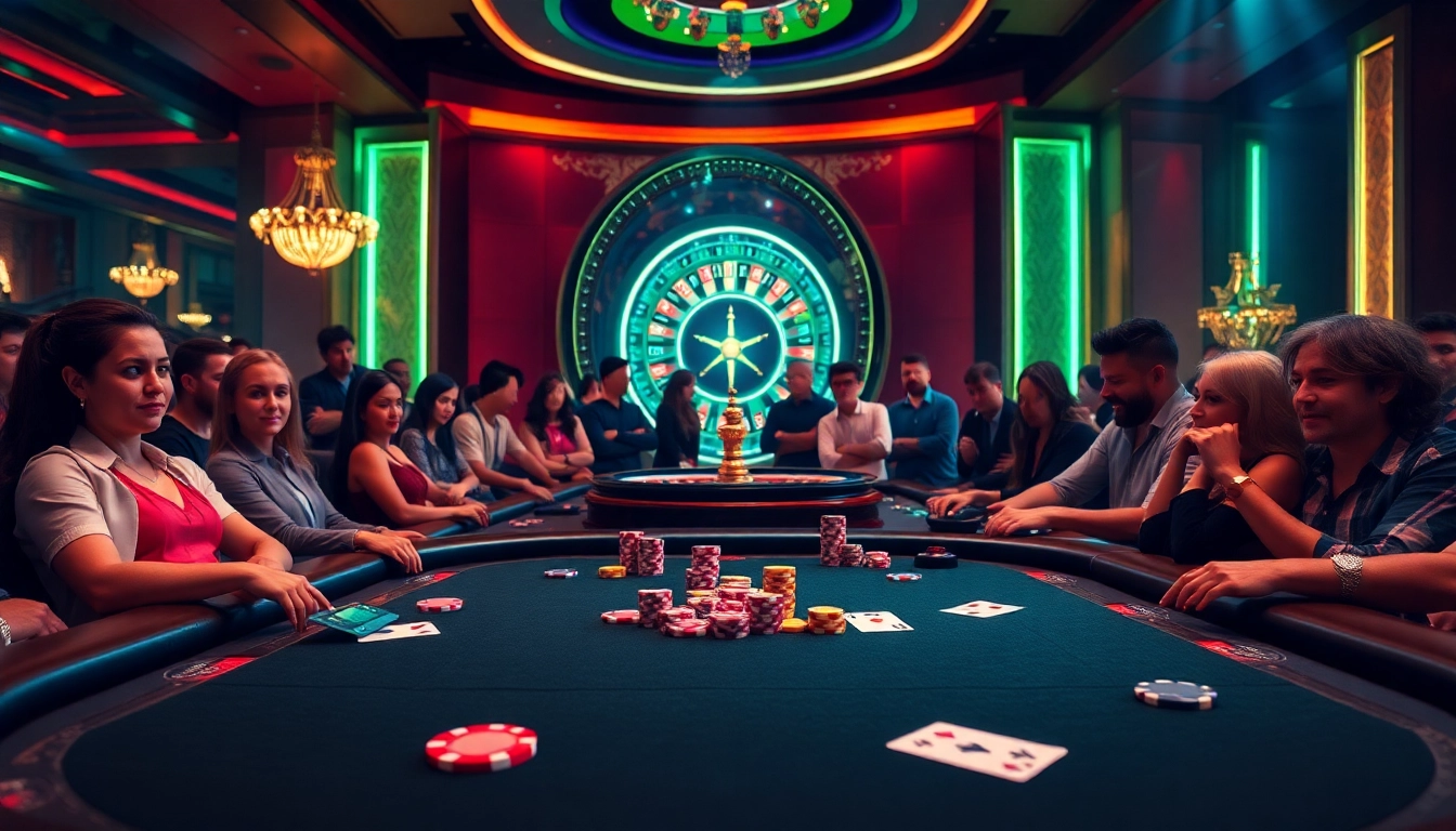 B52club gamers enjoying a high-stakes poker game with vibrant chips, cards, and roulette wheel.