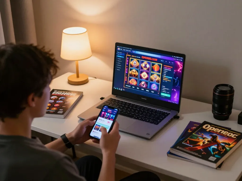 Player engaged in online gaming at open88.com using laptop and smartphone, cozy home atmosphere.