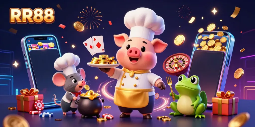 Experience RR88 with this vibrant casino-themed illustration featuring a chef pig, a mouse, and a frog among gaming action.