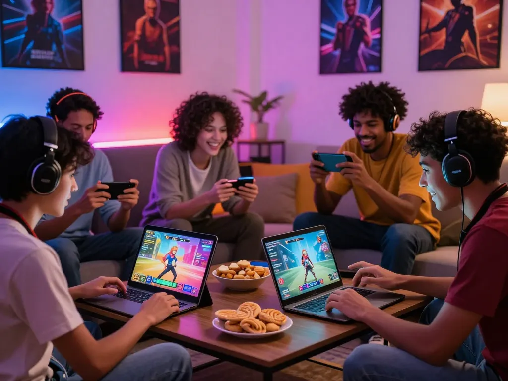Group of gamers enjoying various porngames on laptops and tablets in a cozy living room setting.