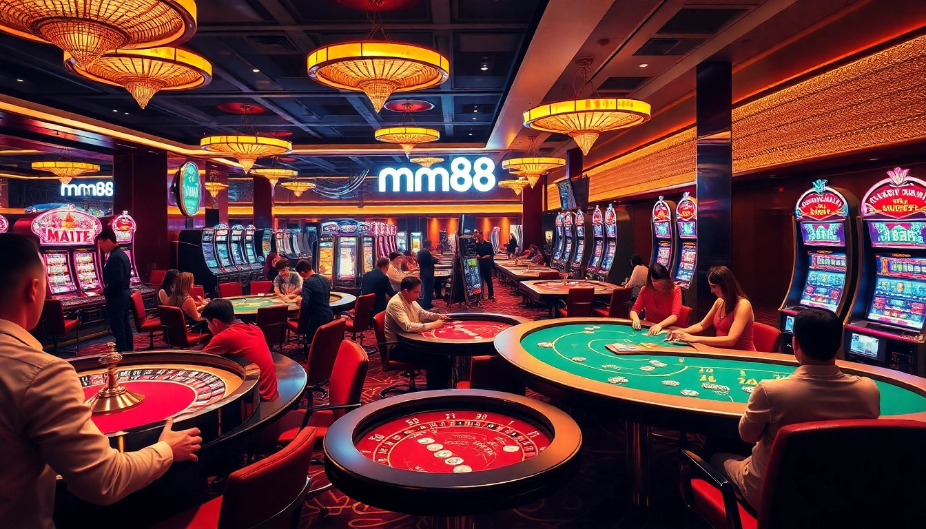 Exciting casino action featuring mm88 logo with players at roulette and poker tables.