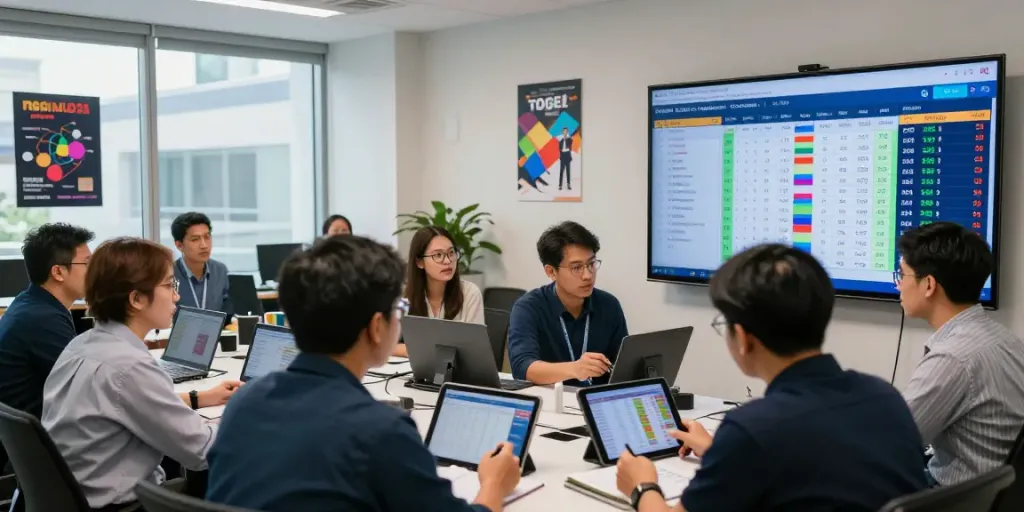 Tim profesional mendiskusikan hasil togel online di kantor modern dengan grafik dan data.