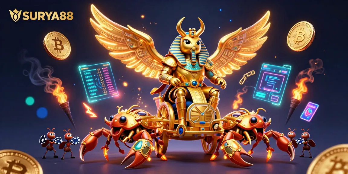 SURYA88 showcases a captivating chariot scene with a golden scarab beetle and jewel-encrusted scorpions amid vibrant casino elements.
