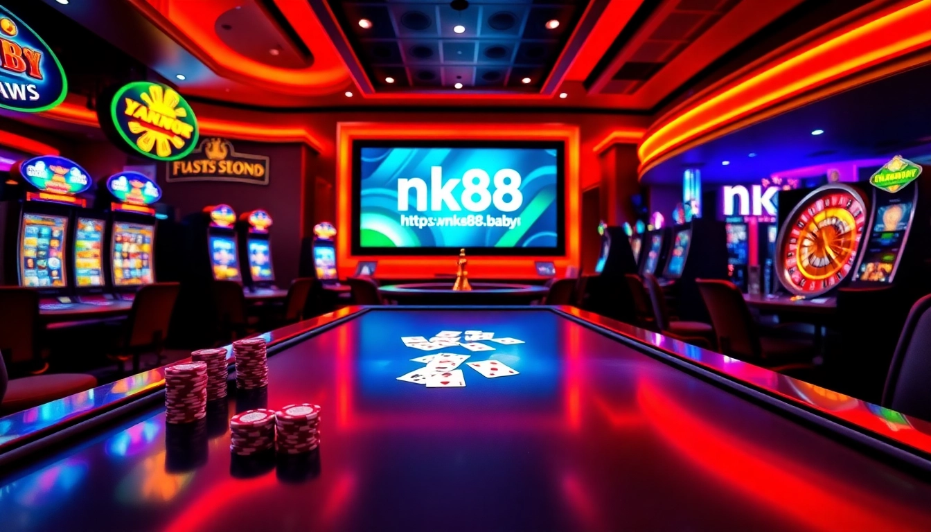 Experience thrilling gaming action at https://nk88.baby/ with vibrant casino visuals of tables and machines.