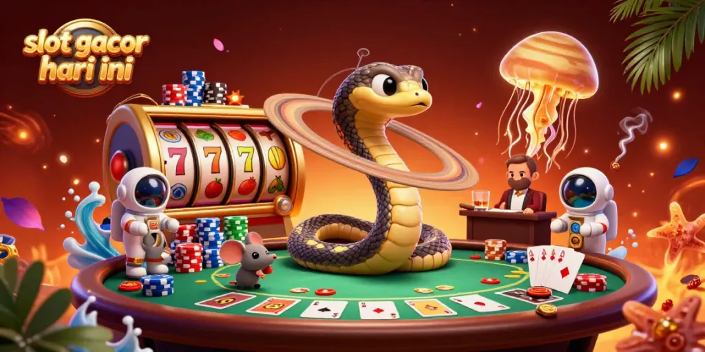 Visualisasi casino dengan tema slot gacor hari ini, menunjukkan ular Saturnus dan karakter menarik lainnya.