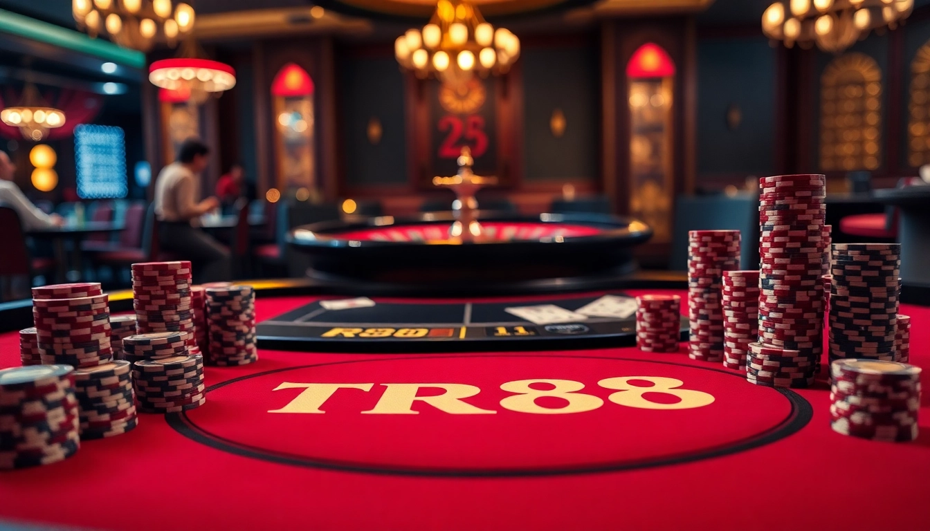 Engaging scene at a TR88 poker table with vibrant chips illuminating the luxurious casino ambiance.