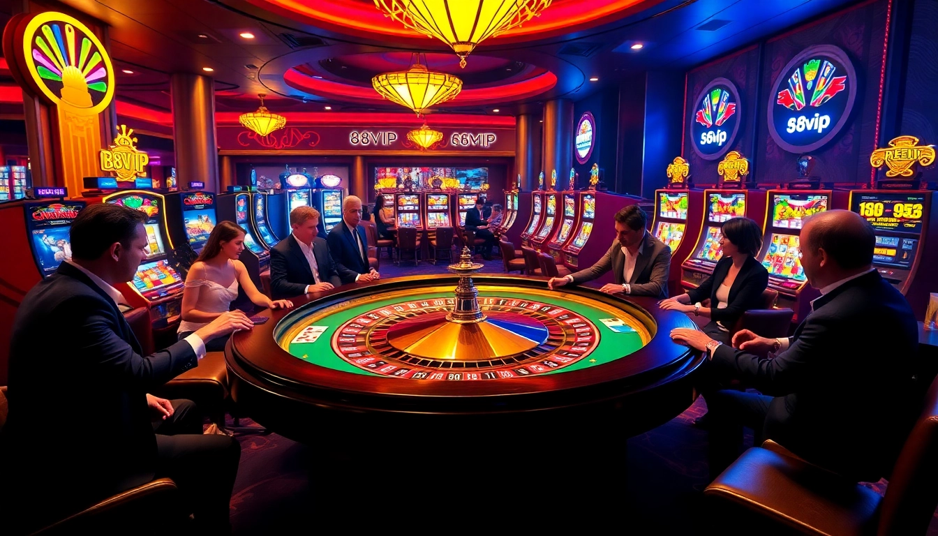 Players enjoying a thrilling game at a 68VIP luxury casino table with vibrant poker chips and cards.