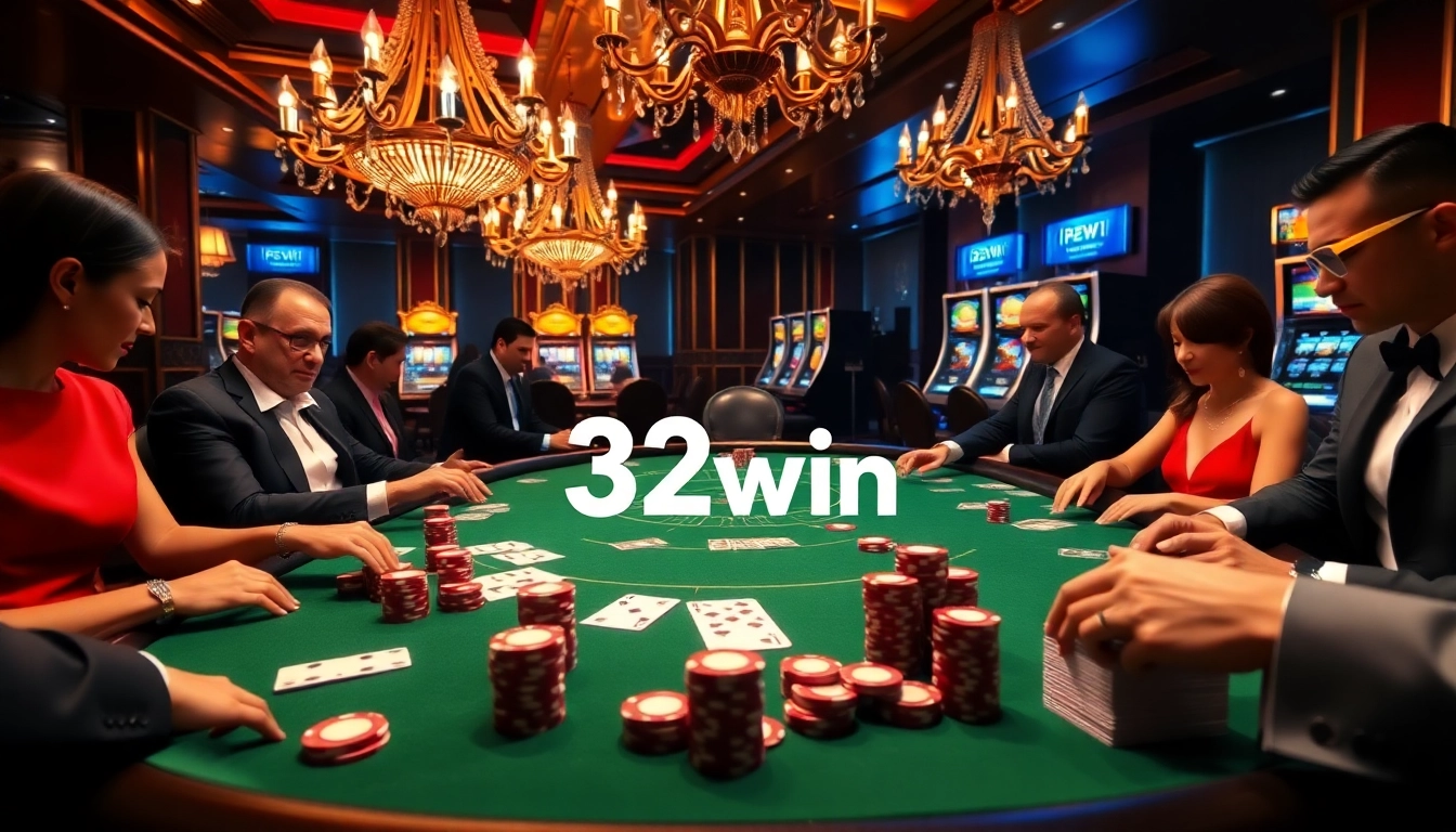 Experience the thrill of high-stakes poker at 32win, featuring luxurious decor and vibrant gameplay.