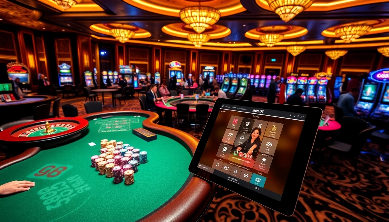Excited players enjoying various games at a luxurious casino, inspired by https://gg88.my/ for an immersive experience.