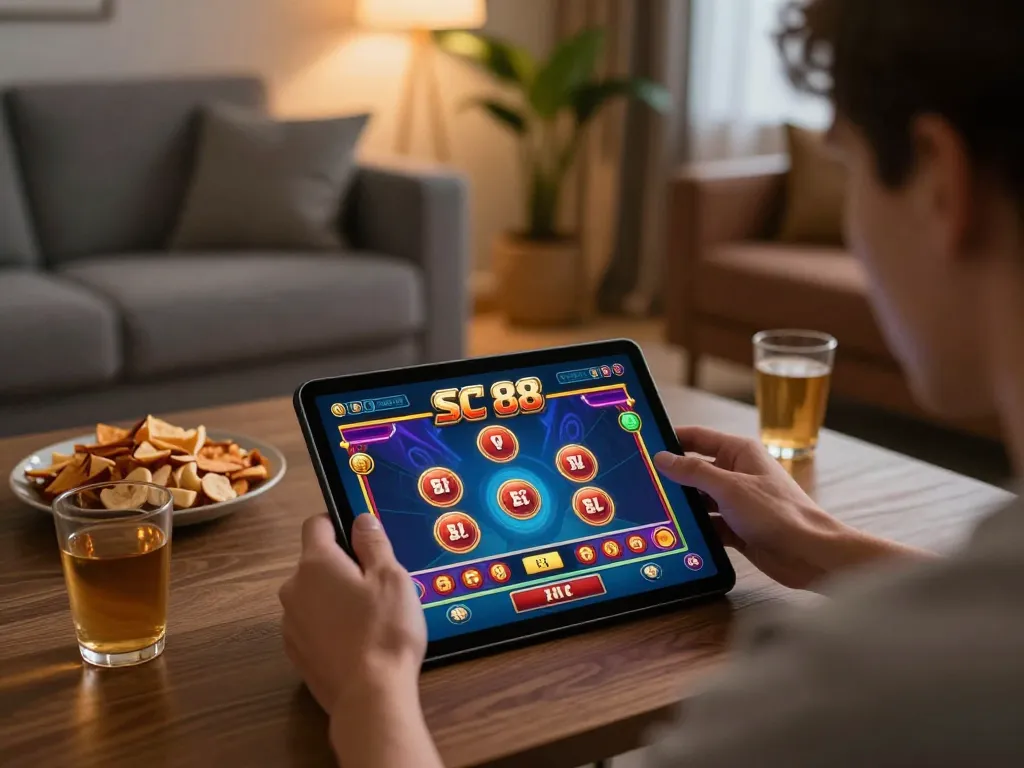 Participant enjoying SC 88 online casino gaming on tablet at home in a cozy setting.