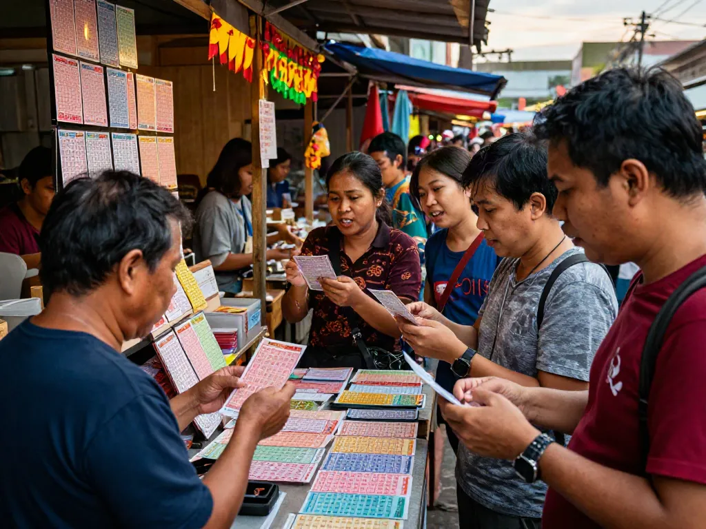 Orang-orang berdiskusi hasil togel di pasar lokal yang ramai.