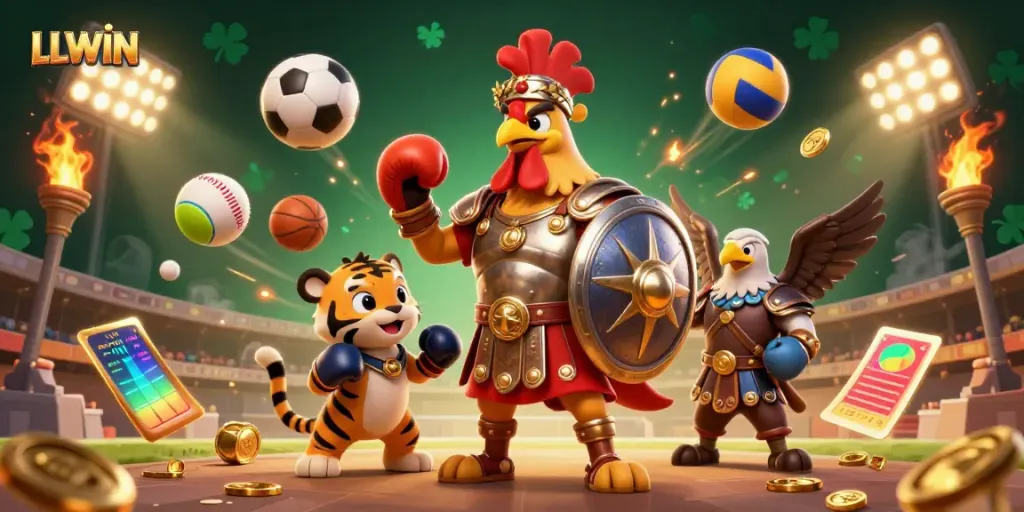 LLWIN platform showcasing a 3D gladiator rooster in an epic casino arena surrounded by dynamic sports elements.