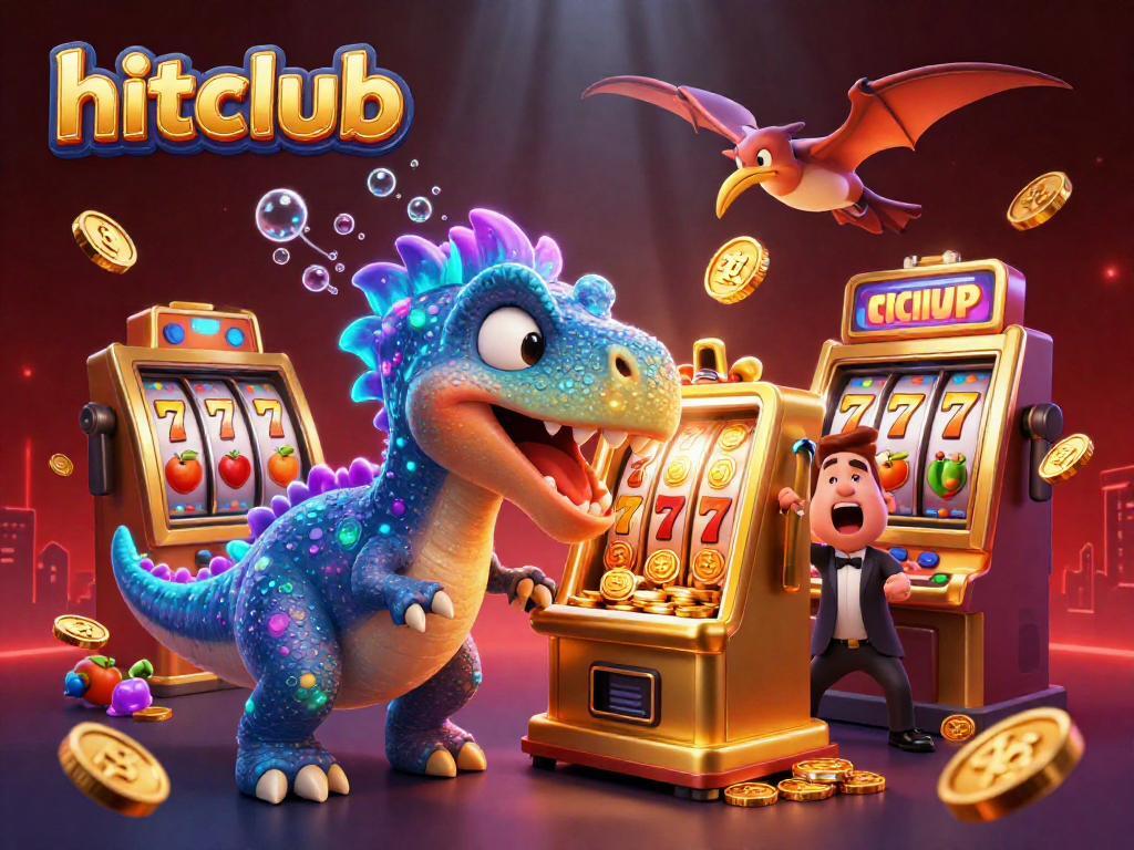Hitclub scene with a pachycephalosaurus celebrating a jackpot at a lively casino.