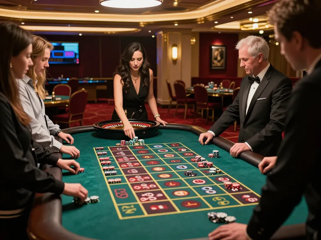 Players engaging in high-stakes betting at 388bet roulette table in upscale casino setting