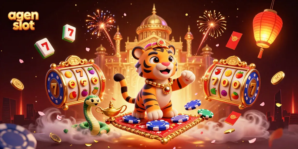 Menghadirkan agen slot yang memukau dengan simbol jackpot dan permainan slot di latar belakang yang cerah