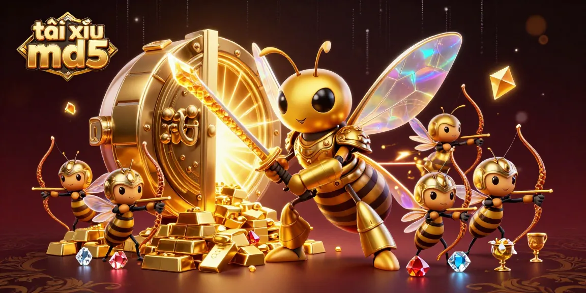 Engage in thrilling gameplay at tài xỉu md5 with golden hornet warriors in a vibrant casino treasure scene.
