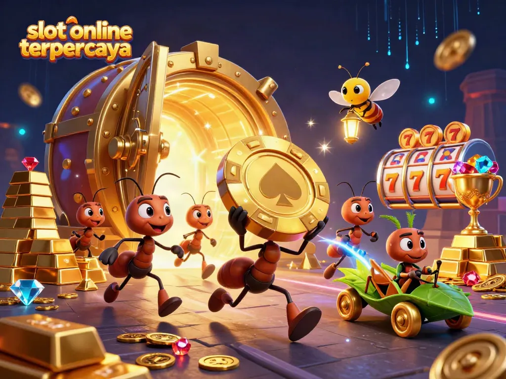 Geng semut 3D saat mendobrak kasino, membawa chip poker emas dalam petualangan slot online terpercaya.