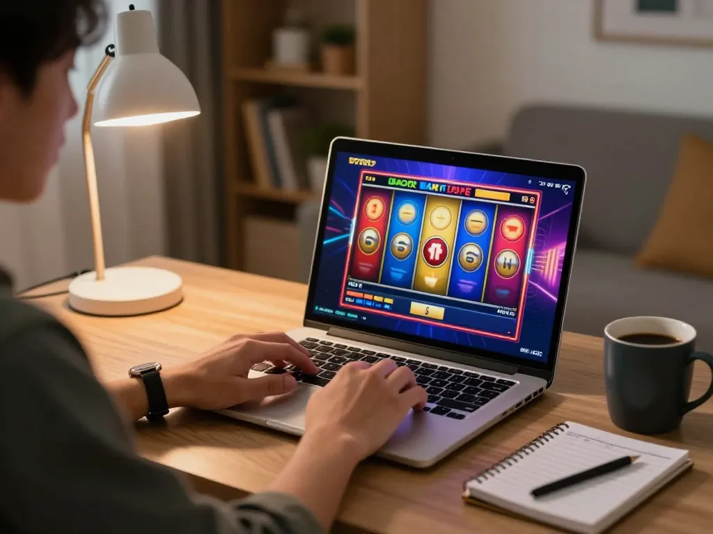 Engaging in slot gacor hari ini online gaming from a cozy home office setting, modern tech and strategy elements present.