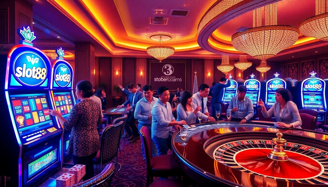 Vibrant casino scene showcasing players engaging with slot88 machines and gambling elements.