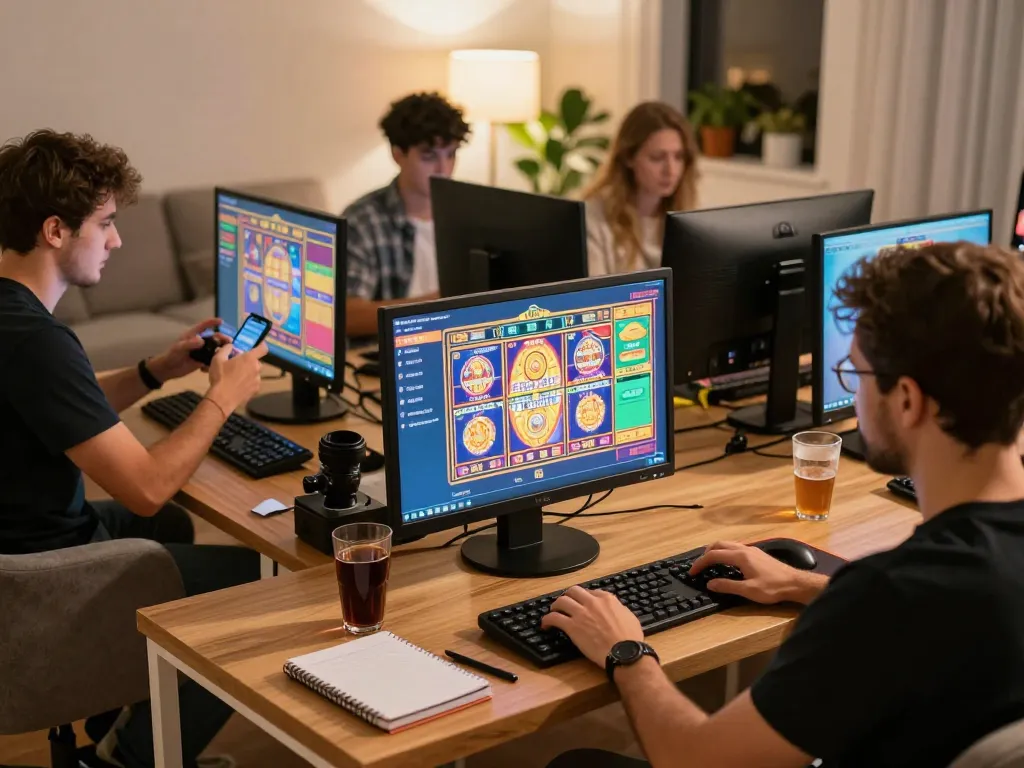 Engaging players enjoying slot online games on various devices in a cozy home environment.