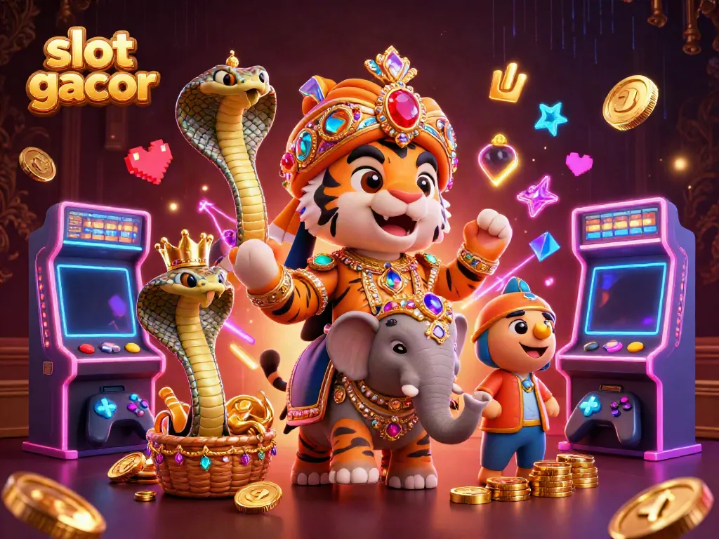 Ilustrasi slot gacor dengan harimau maharaja dan elefant berhias permata menyemarakkan permainan.