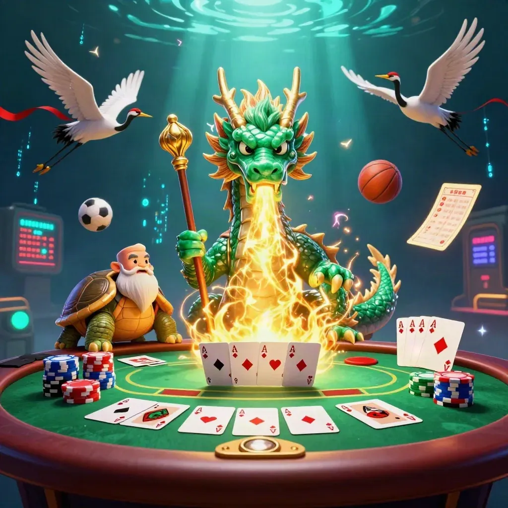 Emerald dragon, turtle sage and cranes erupt around poker chips, cards and flying sports balls.