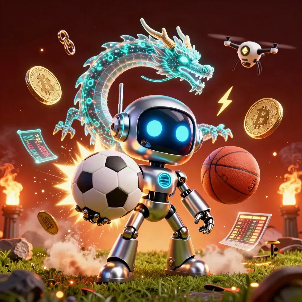 Chrome robot, holographic dragon and coin drone frame a frozen soccer ball blast with embers and gold coins