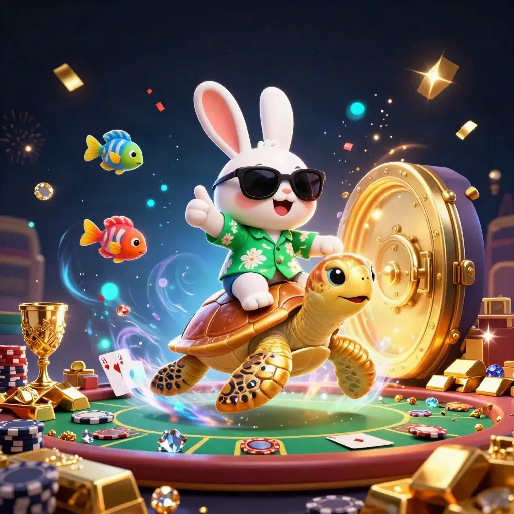 Lucky rabbit rides a jeweled sea turtle through a vault of gold, fireworks, and poker treasure.