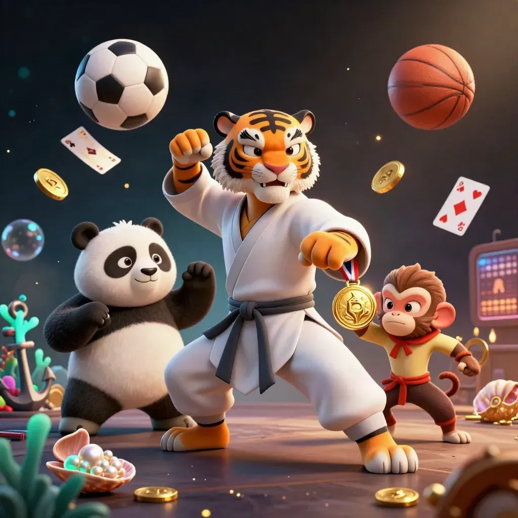Kung-fu tiger, panda, and monkey amid treasure cove chaos, coins, balls, and glowing light